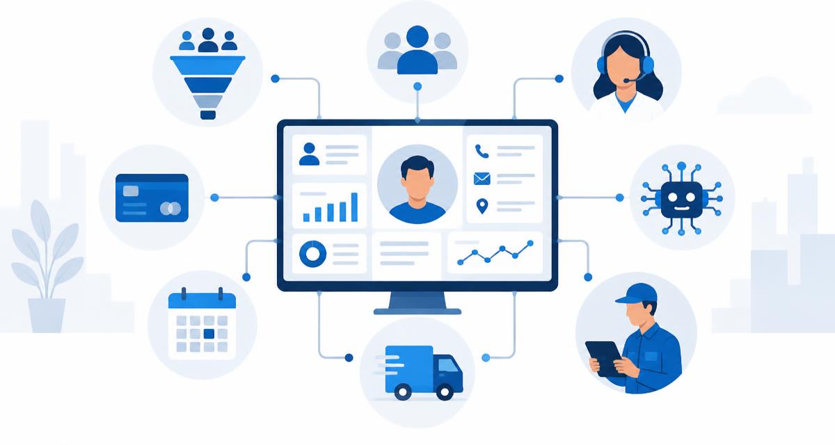 מערכת CRM מורכבת: תיק לקוח מרכזי המחובר למכירות, שירות, גבייה, שטח, משלוחים ו-AI